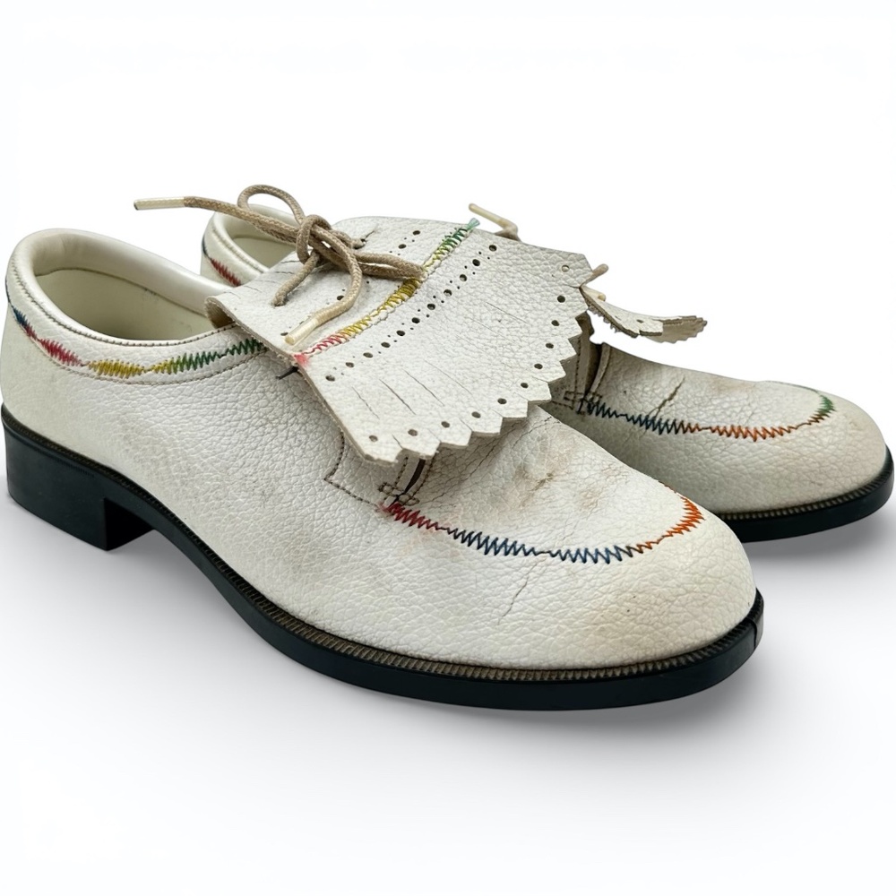 Vintage White Leather Kiltie Golf Shoes Rainbow Stitch Size 7 Narrow Champ Steel